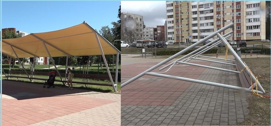 Почему упала конструкция навеса со скамейками и когда она будет восстановлена? (видео) - В Висагинасе